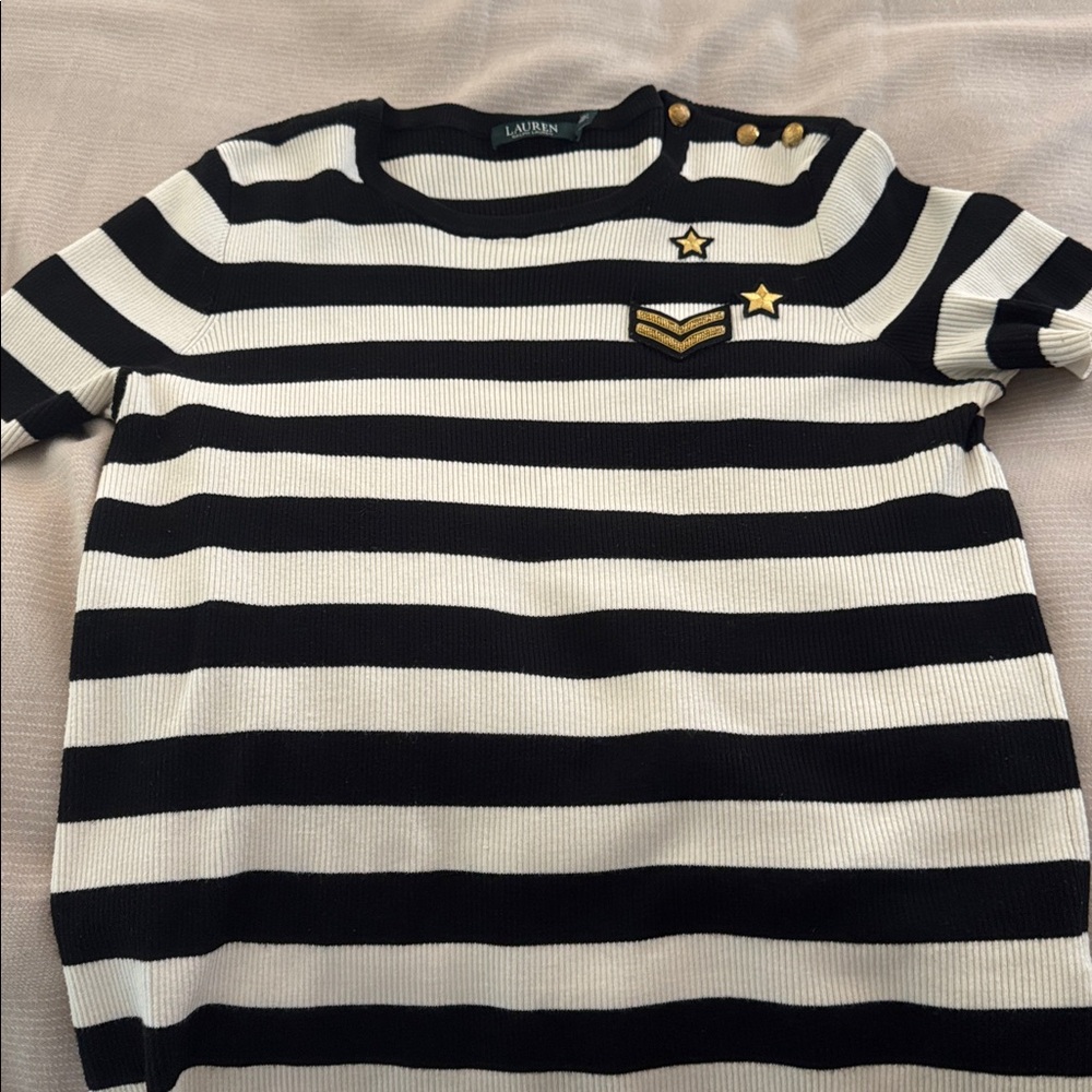 Lauren Ralph Lauren Black and White Striped Top with Gold Details